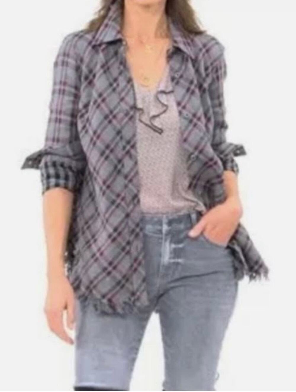 CABI Highland Flannel Shirt Gray/Plum - size Small